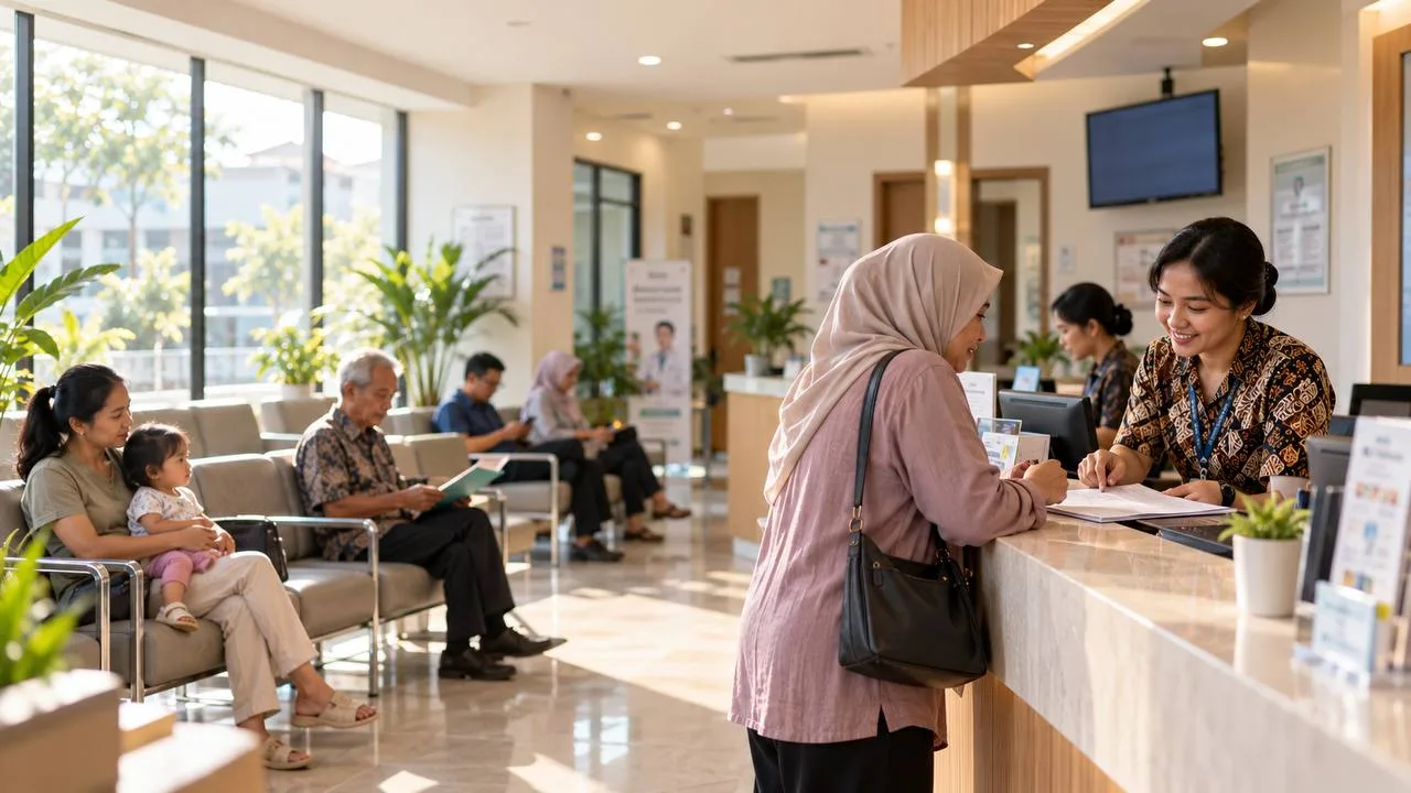 Resepsionis klinik melayani pasien di meja pendaftaran, sementara keluarga dan lansia menunggu di ruang tunggu yang terang dengan tanaman hijau.