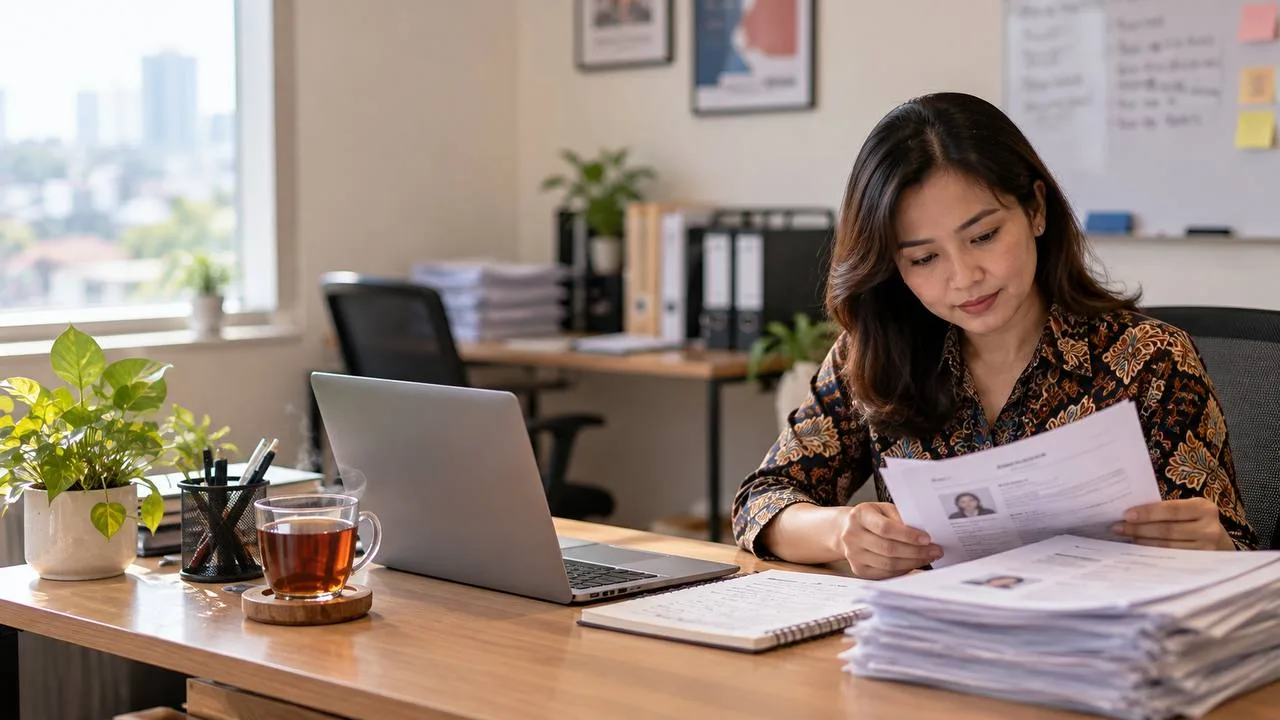 Seorang wanita duduk di meja kerja memeriksa berkas CV, dengan laptop, setumpuk dokumen, dan secangkir teh di depannya.