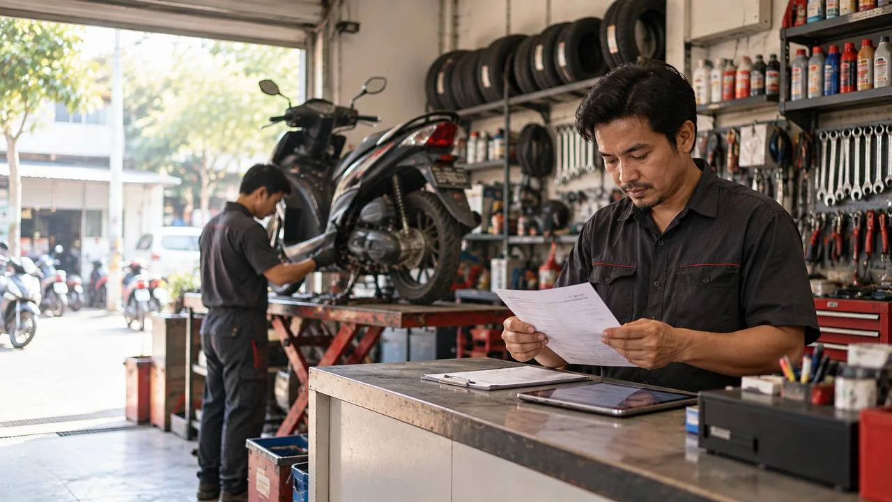 Pemilik bengkel motor membaca nota di meja kasir dengan tablet di depannya, sementara montir mengerjakan motor di area servis.