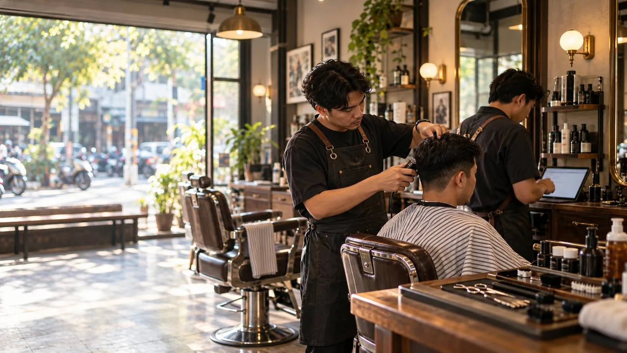 Barber sedang memotong rambut pelanggan di barbershop bergaya klasik dengan kursi kulit cokelat, rak produk perawatan, dan jendela besar menghadap jalan.