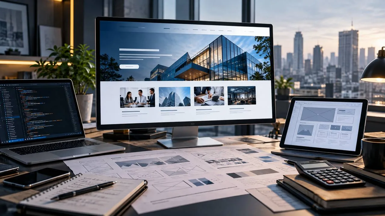 Meja kerja dengan monitor yang menampilkan desain website perusahaan bergambar gedung kaca, laptop berisi kode, tablet berisi sketsa wireframe, dan kalkulator di atas dokumen perencanaan.